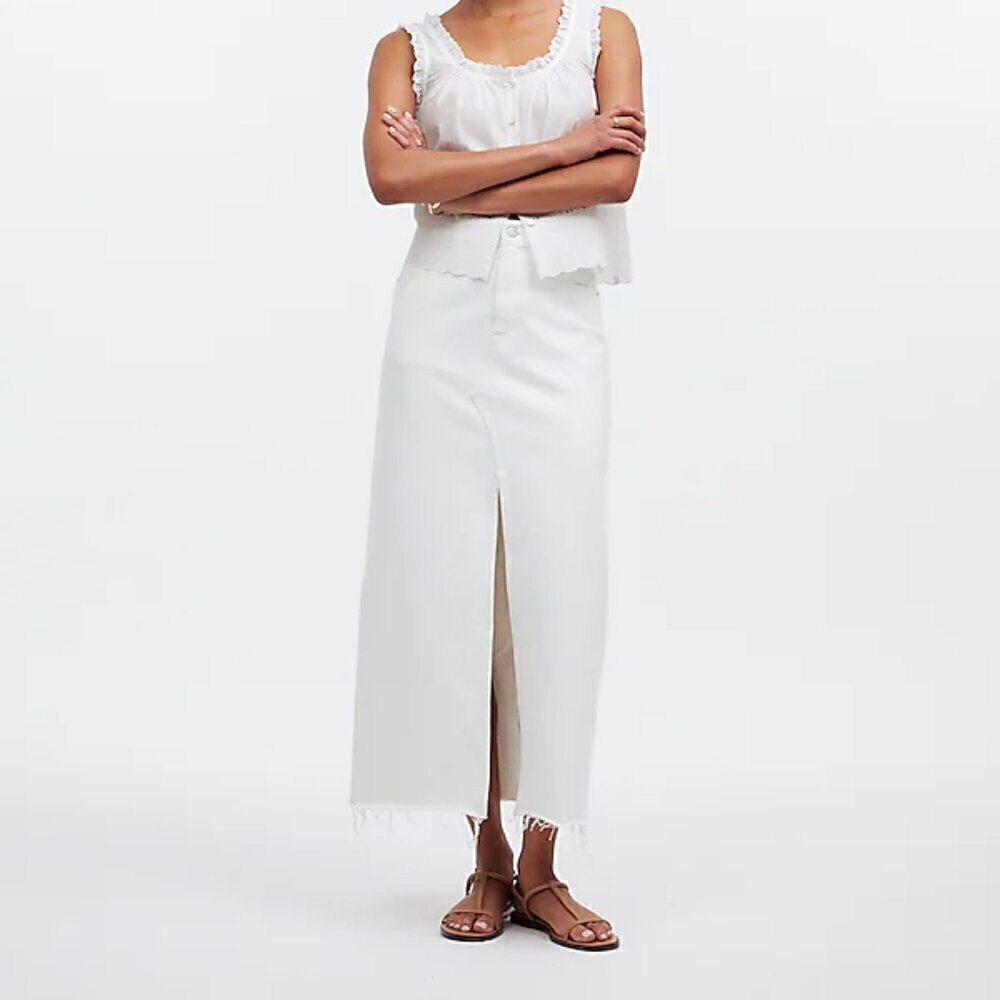 Madewell The Rilee Cotton Denim Midi Skirt Raw Hem White Size 32 NWT